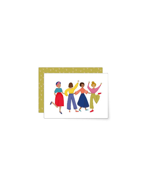 Colourful illustration of four joyful women dancing together, lively celebration themed mini card suitable for birthdays or happy occasions.