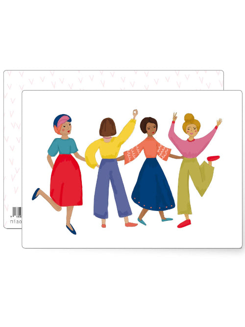 Colourful illustration of four joyful women dancing together, lively celebration themed postcard suitable for birthdays or happy occasions.