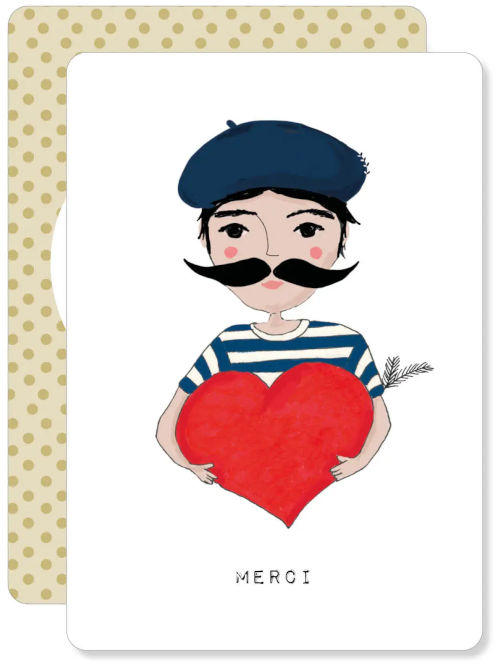 Illustration of a character wearing a beret and striped top holding a large red heart with a playful French-inspired thank you theme.