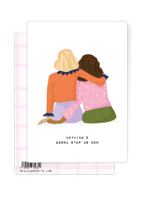 Illustrated postcard of two friends sitting together with arms around each other, supportive friendship message.
