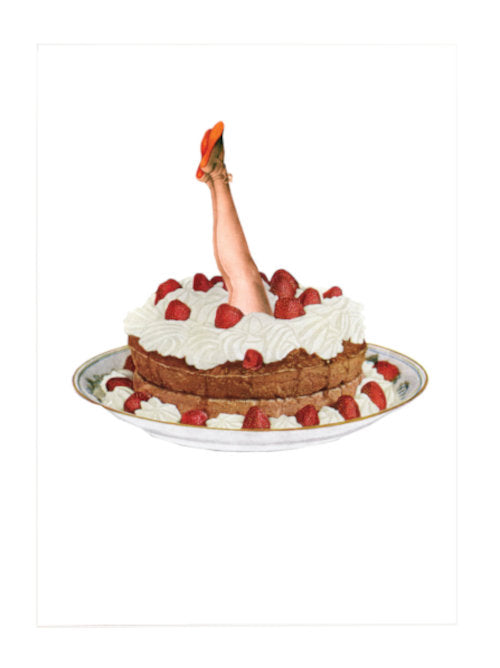 Designer postcard illustration of lady's legs sticking out the top of a strawberry cream cake as if she has dived in. Beautiful hand made artistry. 