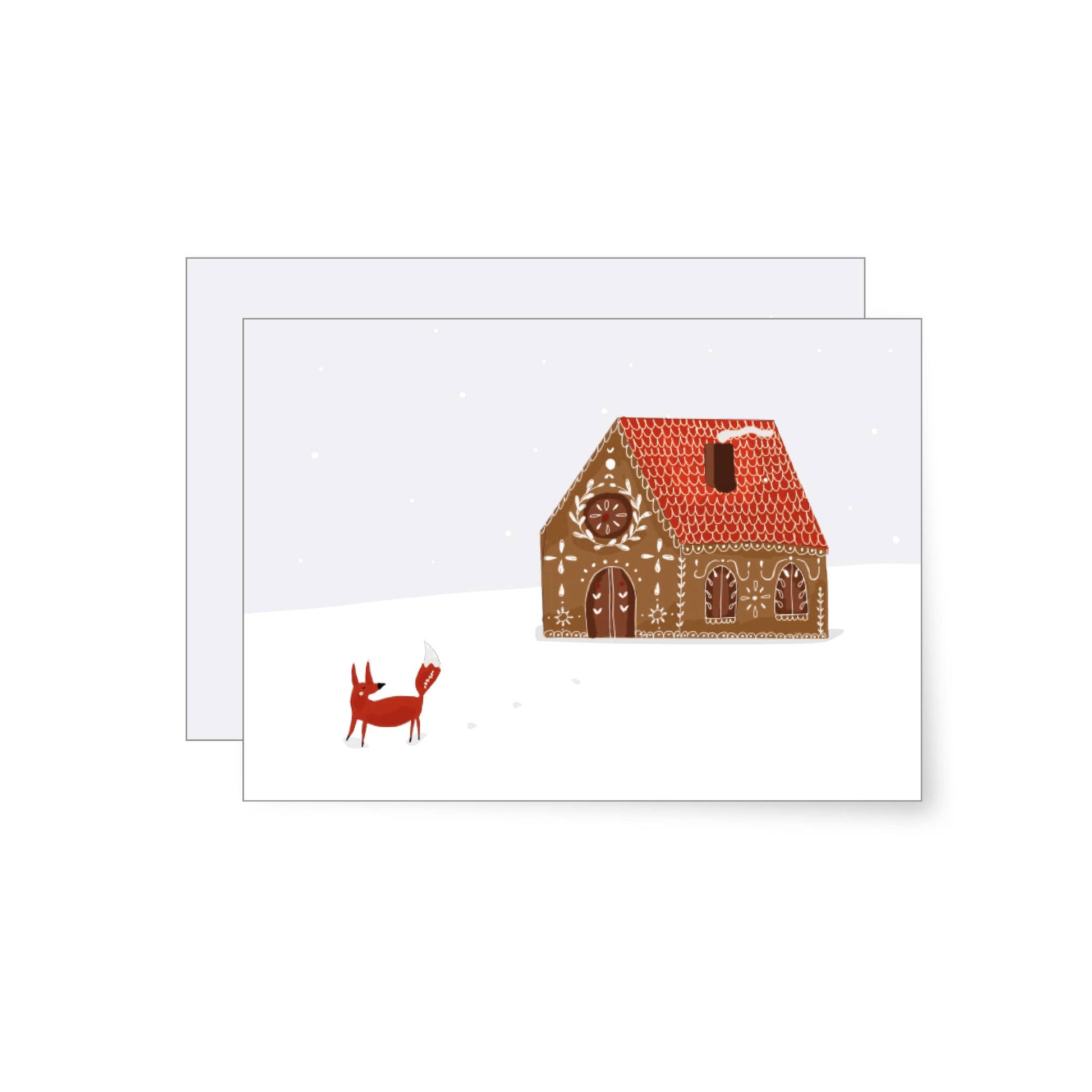 A minimalist illustrated christmas scene featuring a little red fox and a decorated gingerbread house with smoking chimney.