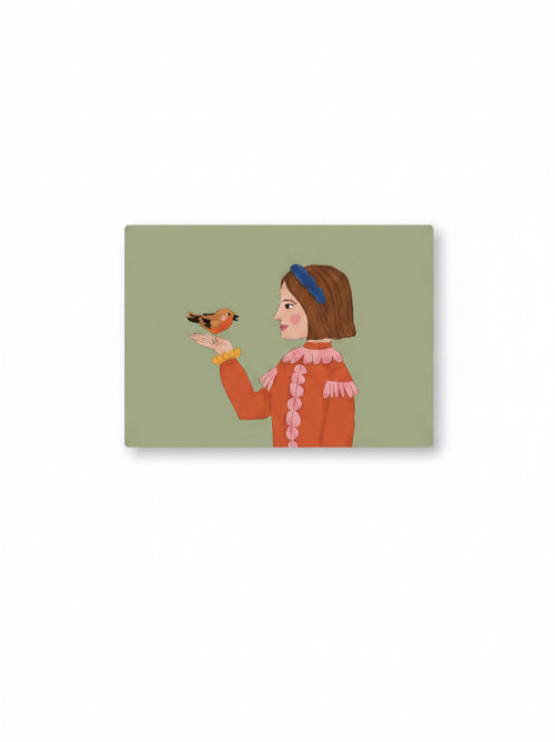 Charming illustration of a girl gently holding a small bird on their hand, warm nature themed postcard celebrating quiet everyday moments.
