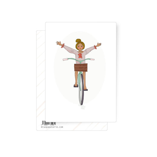 Illustration of a smiling girl riding a bicycle hands-free, capturing a carefree and joyful moment of freedom.