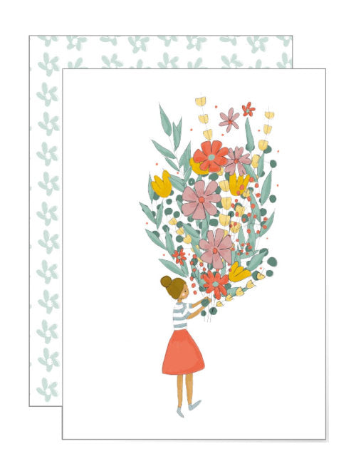 A white card with a girl holding a bunch of flowers that are more than double her height. Suitable for any celebration such as Mother's Day, birthday, anniversary etc. 