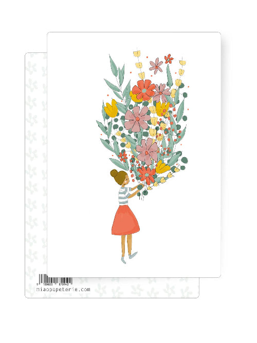 Girl holding large flower bouquet Valentine’s greetings card with illustrated florals, A6 postcard with envelope