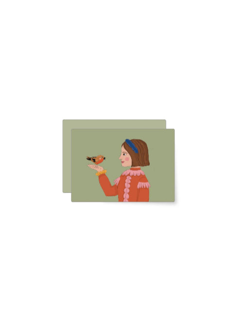 Sweet illustration of a girl with a headband holding a small bird on her hand, gentle nature inspired mini card for any celebration.