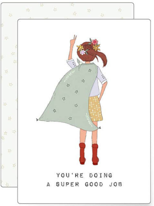 Whimsical illustration of a girl wearing a cape and raising a victory hand gesture, uplifting encouragement mini greeting card.