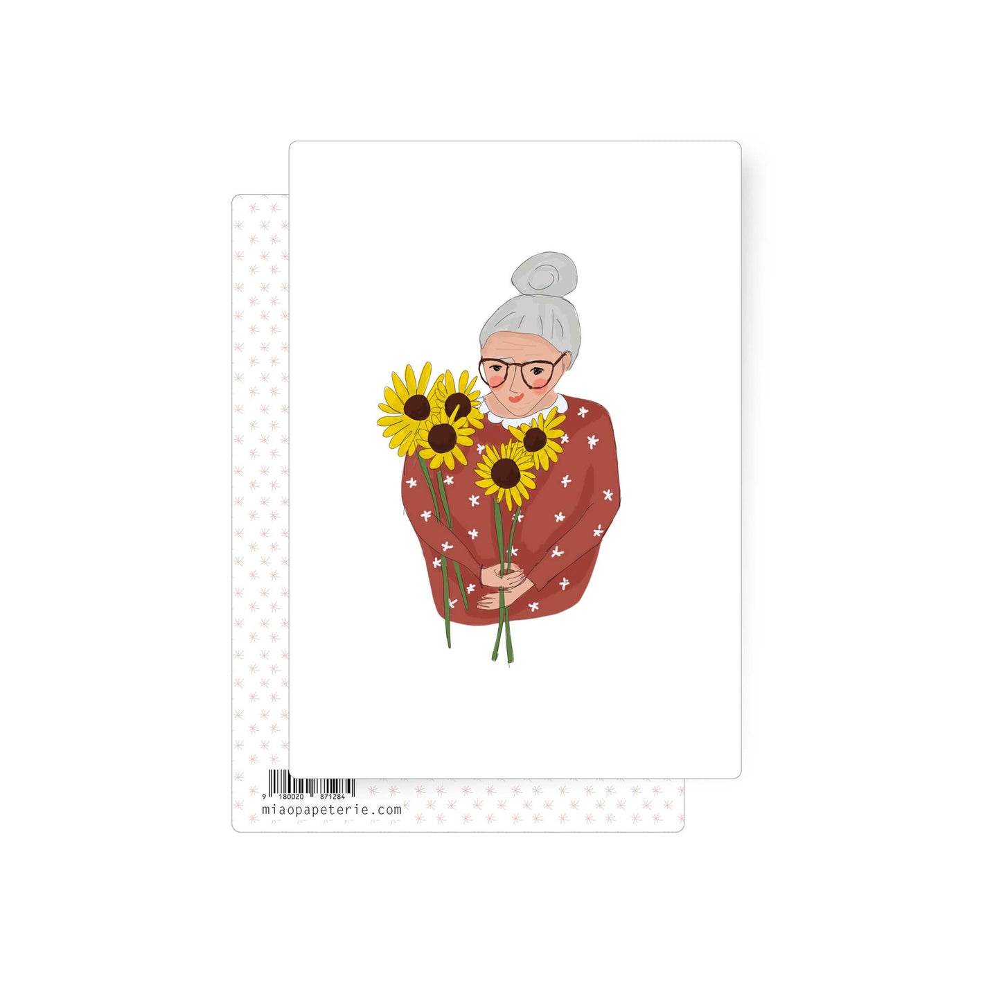 An illustration of a grandmother holding sunflowers on a white postcard background