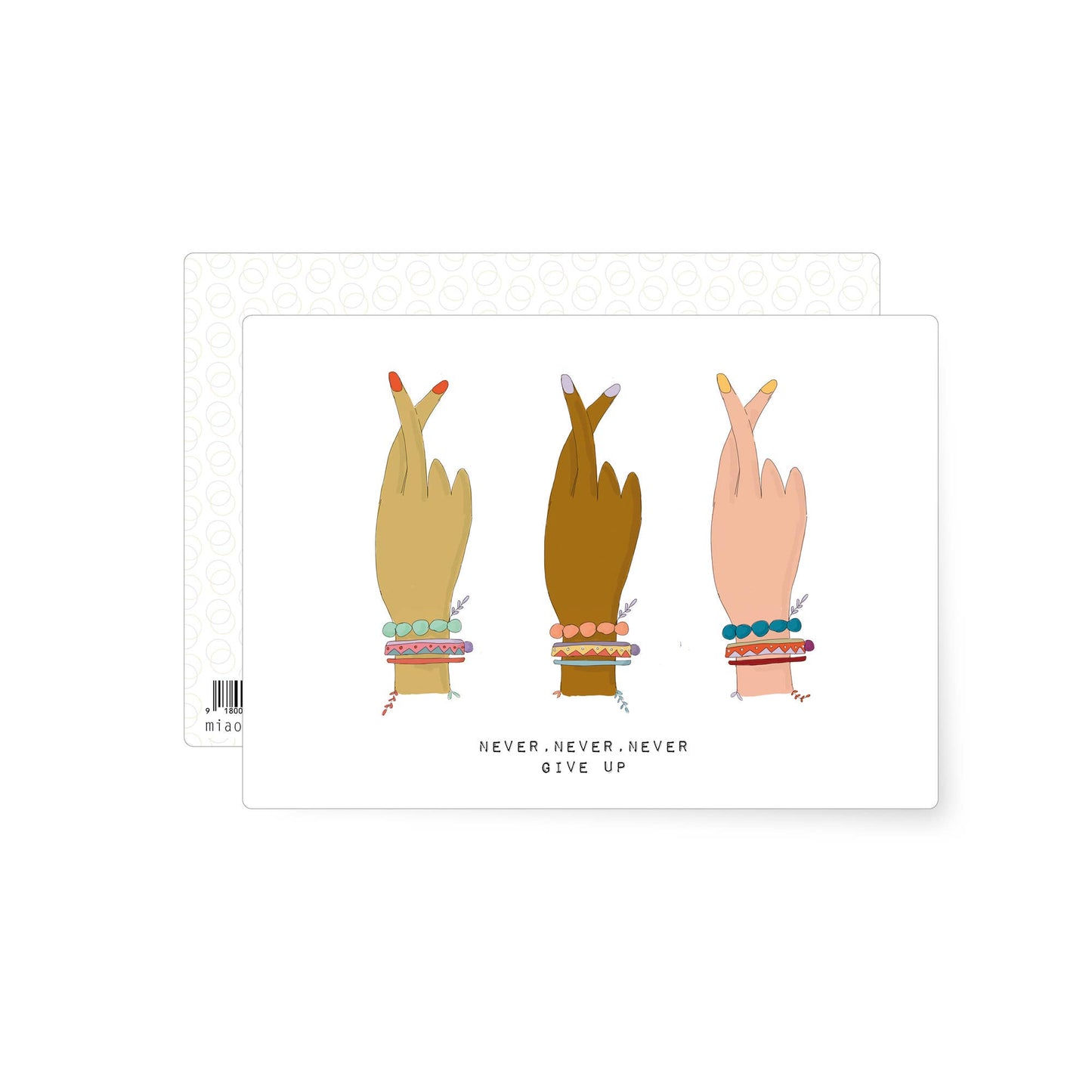 Illustration of crossed fingers with colourful bracelets symbolising hope, encouragement and perseverance.