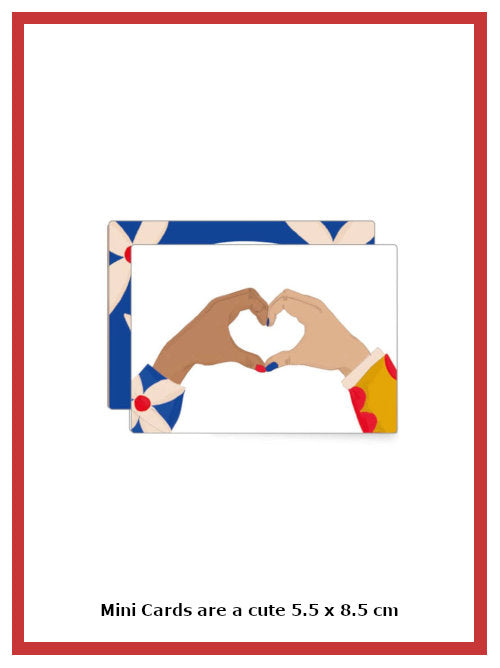 Mini greetings card with illustration of hands forming a heart shape on white background