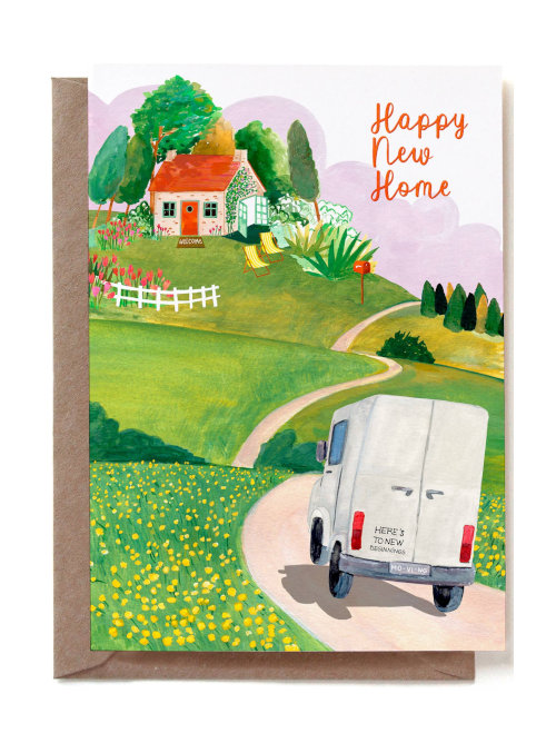 A removals van is heading over rolling hills towards a quaint house and gardens. Vibrant colours and attractive illustration with text: Happy New Home