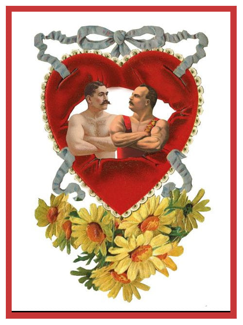 Illustrated postcard showing two men facing each other inside a large red heart decorated with ribbon and yellow flowers