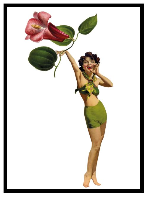 A woman calling out to someone. She is dressed in a retro green bikini, is standing as if a flower stem, holding the flower and leaves above her head. 
