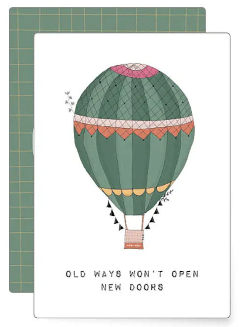 Illustrated hot air balloon with inspirational quote about change and new opportunities, uplifting mini greeting card.
