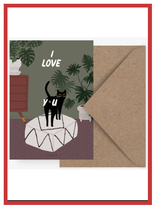 Minimal cat Valentine postcard with envelope featuring “I love you”. Printed on 400gsm natural paper with climate-neutral production. A calm eco-friendly Valentine card.