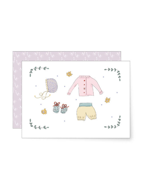 Sweet illustration of baby clothes including a bonnet, cardigan, shorts and tiny shoes, gentle new baby mini card with soft pastel tones.