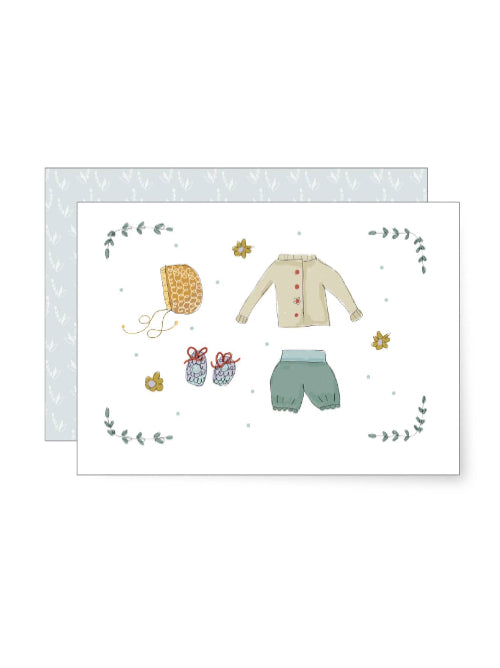Delicate illustration of baby clothes including a bonnet, cardigan, shorts and tiny shoes, sweet pastel new baby greetings card.