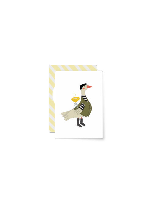 Charming illustration of a goose wearing a striped top and boots holding a yellow flower, cute animal birthday mini card with soft pastel tones.