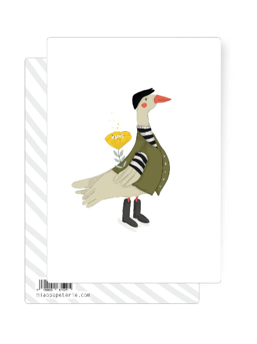 Charming illustration of a goose wearing a striped top and boots holding a yellow flower, cute animal birthday mini card with soft pastel tones.