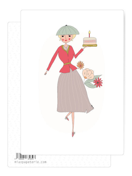 Playful fashion illustration of a stylish woman walking while holding a small birthday cake with a candle and flowers, minimalist pastel birthday postcard design.