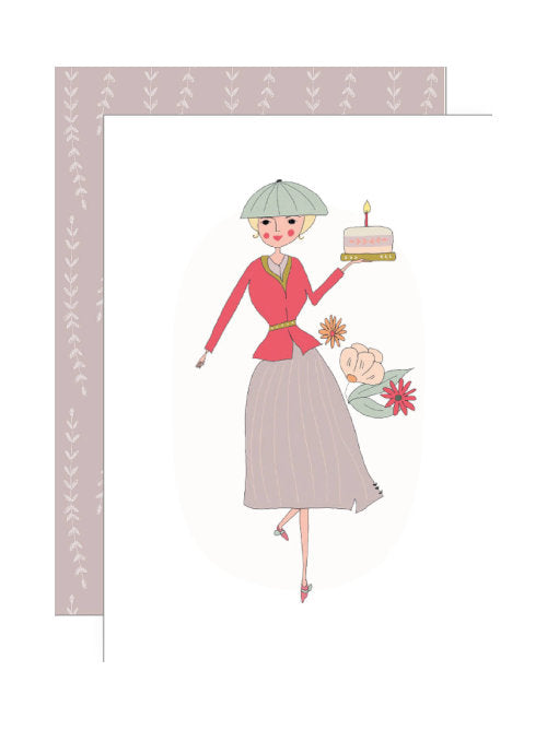 Illustration of a woman walking while holding a small birthday cake with candle, fashionable pastel birthday greetings card with floral accents.