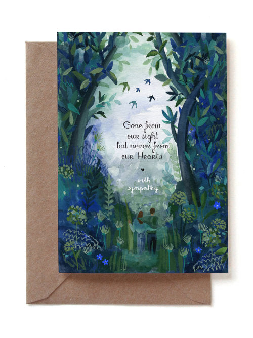 Greeting card with a forest design and sympathy message, featuring a brown envelope and words "Gone from our sight but never from our hearts. with sympathy"