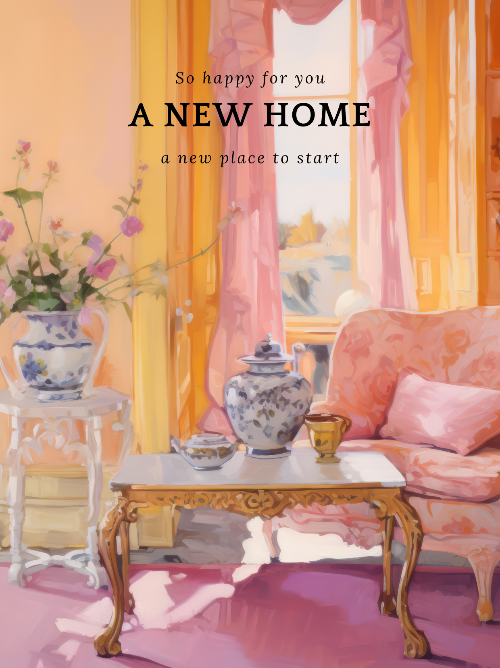 Decorative card with a pink living room scene and text 'A NEW HOME', featuring a couch, table, and floral elements.
