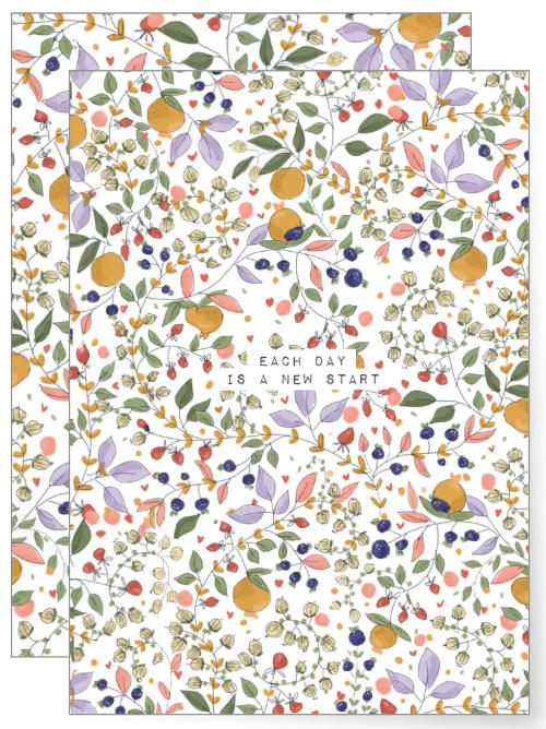 Fruit and flowers decorate a greetings card with the words "Each Day Is A New Start' in the centre and a white background. 