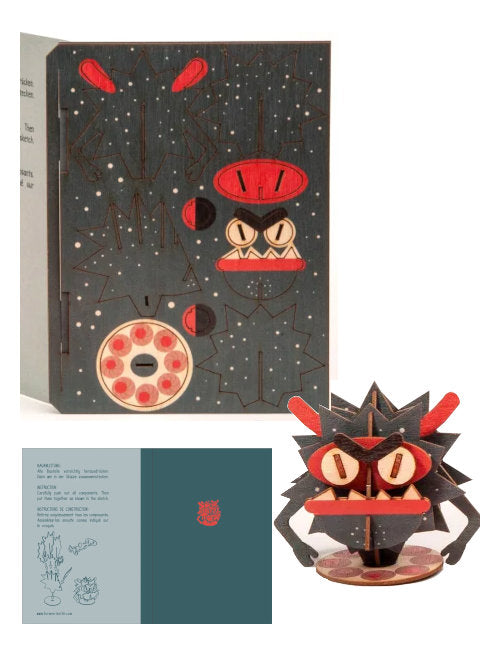 Small monster wooden 3D greeting card kit with laser-cut wooden sheet, paper card, envelope and instructions.