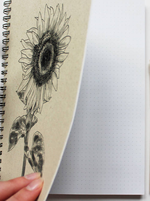 Interior view of the hardback grass paper notebook showing both the external sunflower drawing and the interior dot grid recycled paper