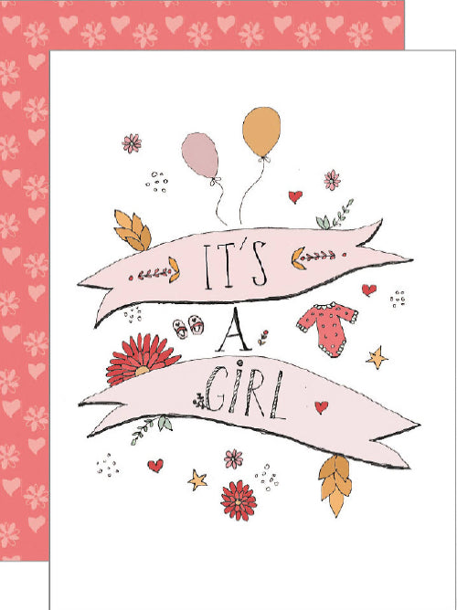 Playful illustration with balloons, flowers and a banner reading it's a girl, joyful new baby girl greetings card with soft pastel colours.