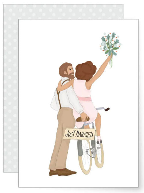 Illustrated newlywed couple riding a bicycle with a just married sign and bouquet, celebrating a joyful wedding moment.