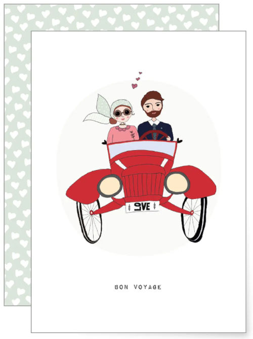 Charming illustration of a newly married couple driving a red vintage car with hearts above them, romantic just married greetings card with playful retro style.