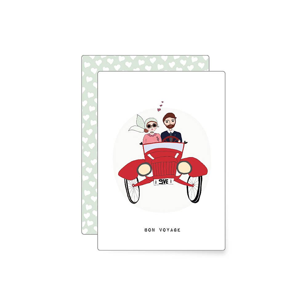 Charming illustration of a newly married couple driving a red vintage car with hearts above them, romantic just married mini card with playful retro style.