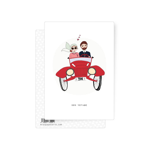 Charming illustration of a newly married couple driving a red vintage car with hearts above them, romantic just married postcard with playful retro style.