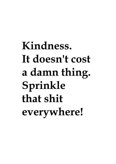 Black text on a white background with motivational text saying "Kindness. It doesn't cost a damn thing. Sprinkle that shit everywhere!"