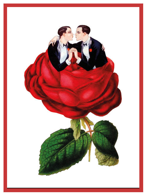 Illustrated postcard showing two men embracing while seated inside a large red rose