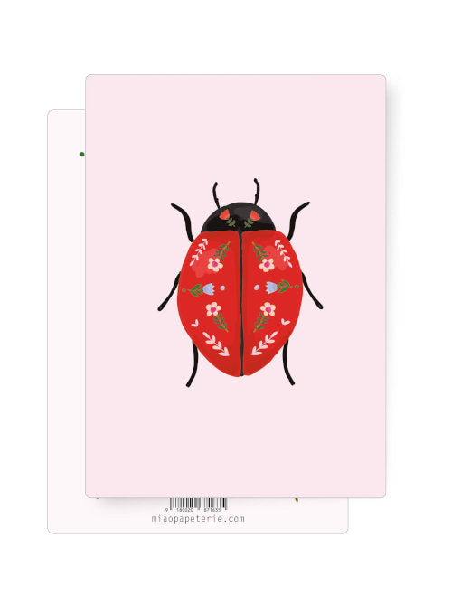 Whether you prefer ladybird or ladybug, this hand-illustrated postcard of the insect is on a pale pink background and is beautifully drawn with little lowers on its red shell instead of the usual spots. 