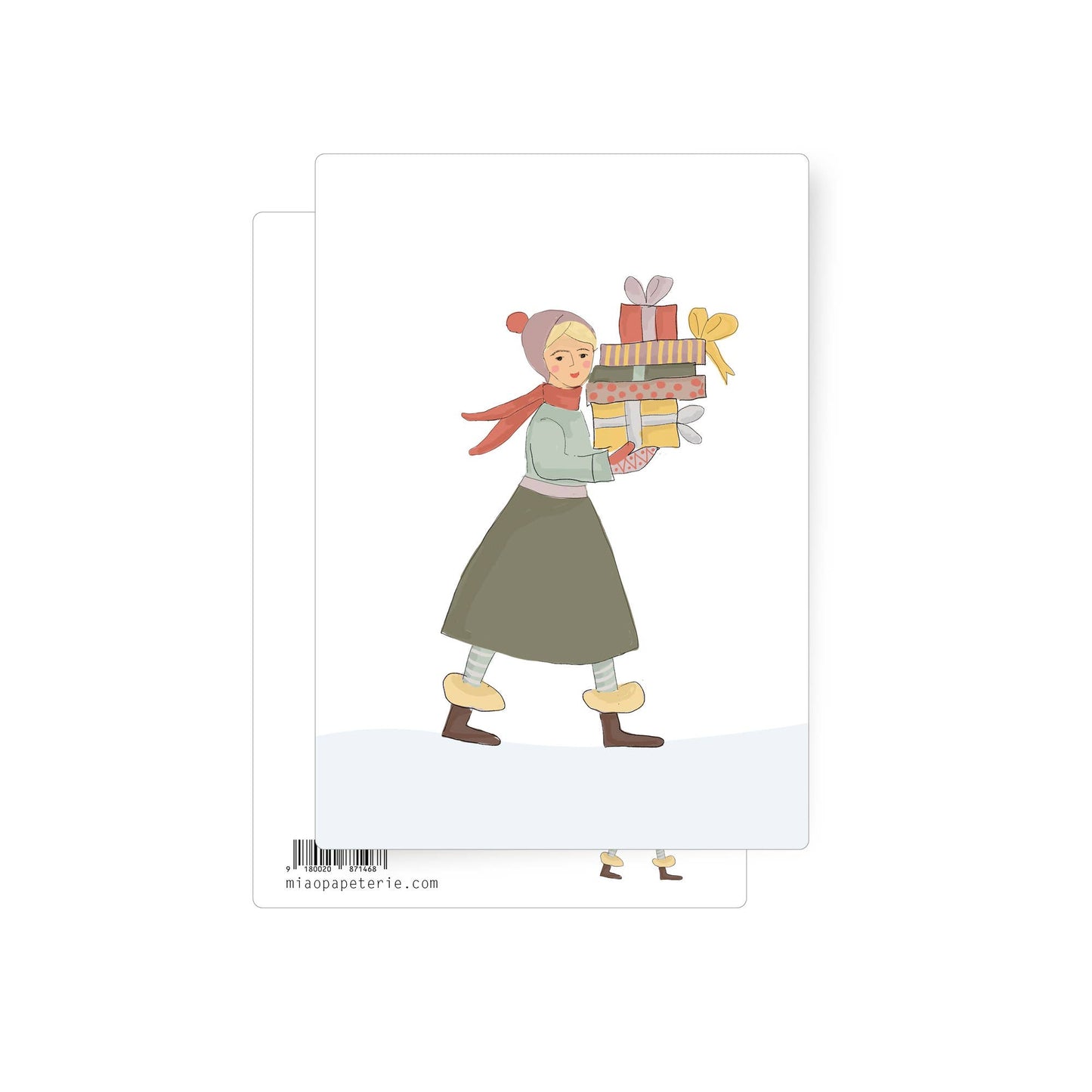 This is an outside snow scene with a lady dressed warmly, carrying a tall armful of Christmas gifts. A superb Christmas artisan illustration. 