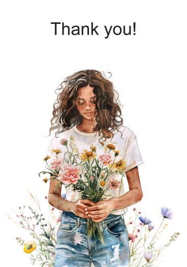 Illustration of a lady or a girl wearing jeans and t-shirt holding flowers with 'Thank you!' text above.