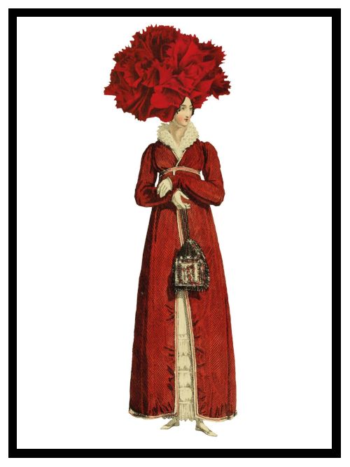 This designer postcard depicts a stately lady dressed in red old-style clothing and a giant red flower on her head. 