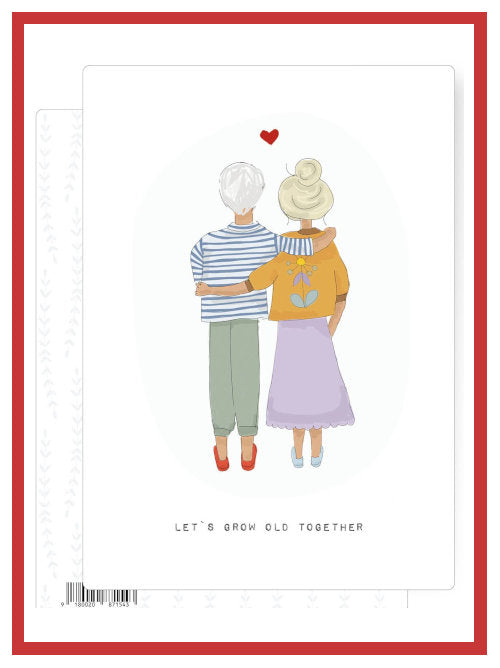 Postcard featuring illustration of an older couple standing arm in arm with a small red heart above them and the words Let’s Grow Old Together