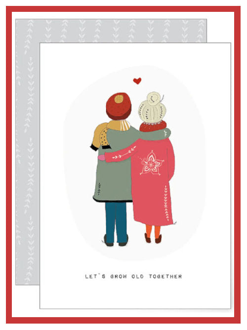 Let’s Grow Old Together Valentine’s greetings card with illustrated couple hugging, A6 greetings card with envelope