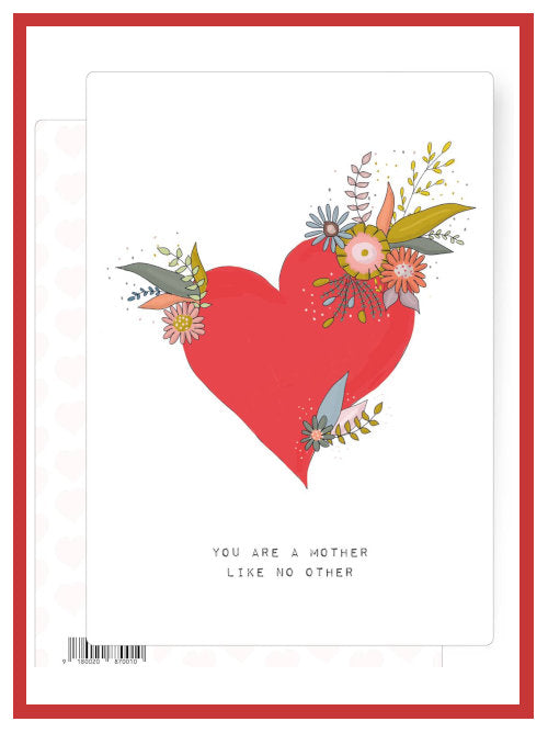 Postcard featuring red heart with floral illustration and text You Are a Mother Like No Other