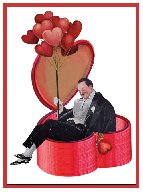 Artistic Valentine postcard showing a reclining man inside a red heart-shaped box surrounded by heart balloons.