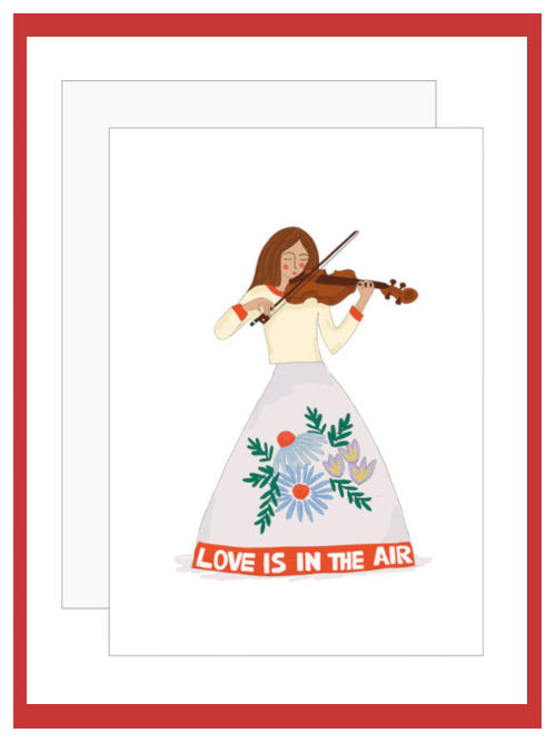 Love Is In The Air Valentine’s greetings card with illustrated violin player and floral skirt, A6 greetings card with envelope