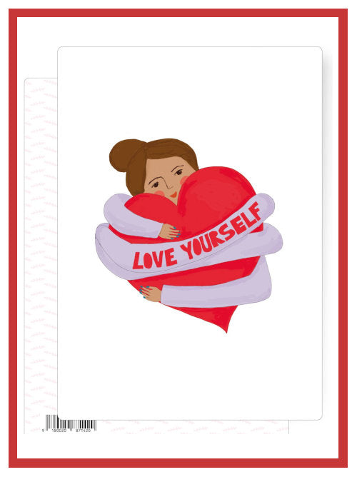 Postcard featuring illustration of a woman hugging a large red heart with the words Love Yourself