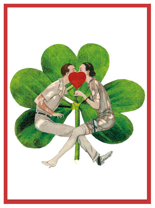 Illustrated postcard showing two people kissing while seated on a large green four-leaf clover and holding a red heart