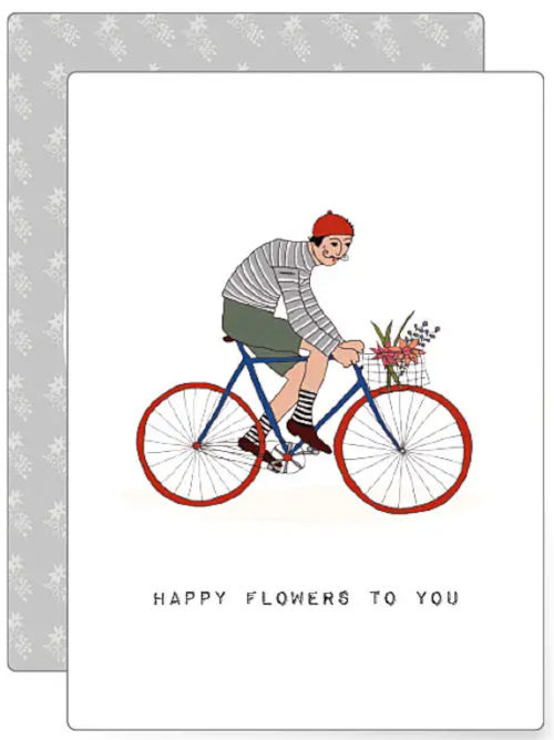 Playful illustration of a cyclist riding a blue bicycle with a basket of flowers, cheerful floral mini card with whimsical hand drawn style.